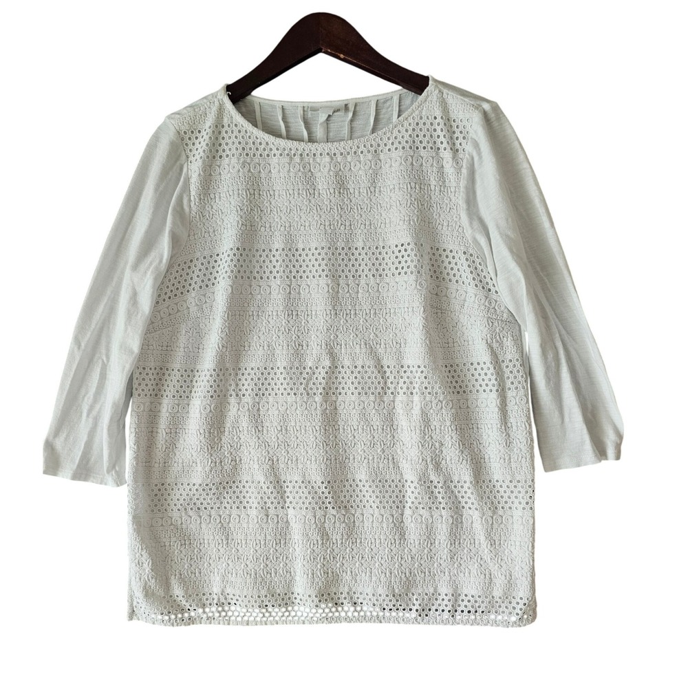 J. Jill White Eyelet Lace Trim 3/4 Sleeve Top Blouse Cotton Blend Women's Medium